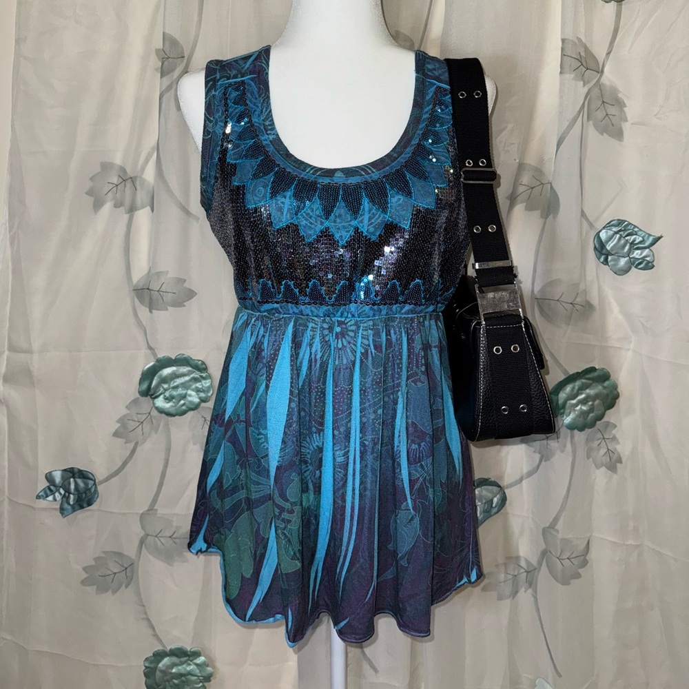 Women’s blouse Vintage Y2K 00’s sequins shimmering B.L.E.U. Blue bohemian goth